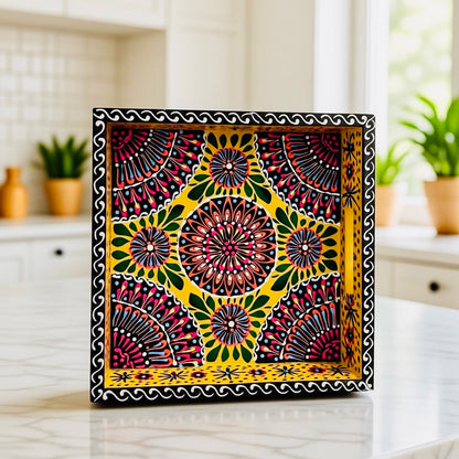 Yellow & Red Floral Motif Square Cone Serving Tray 001