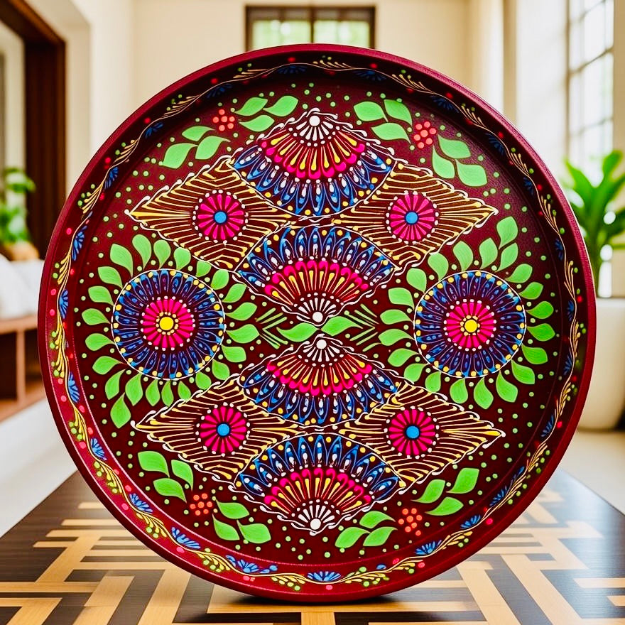 Brown & Blue Floral Motif Round Serving Tray – Handmade Truck Art 010