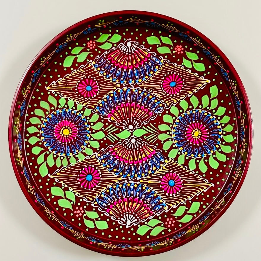 Brown & Blue Floral Motif Round Serving Tray – Handmade Truck Art 010