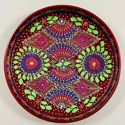 Brown & Blue Floral Motif Round Serving Tray – Handmade Truck Art 010