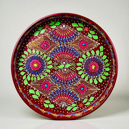 Brown & Blue Floral Motif Round Serving Tray – Handmade Truck Art 010