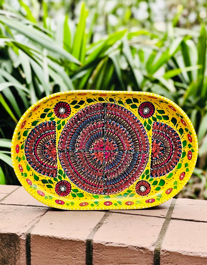 Yellow & Red Floral Motif Oval Cone Truck Art Big Tray 001