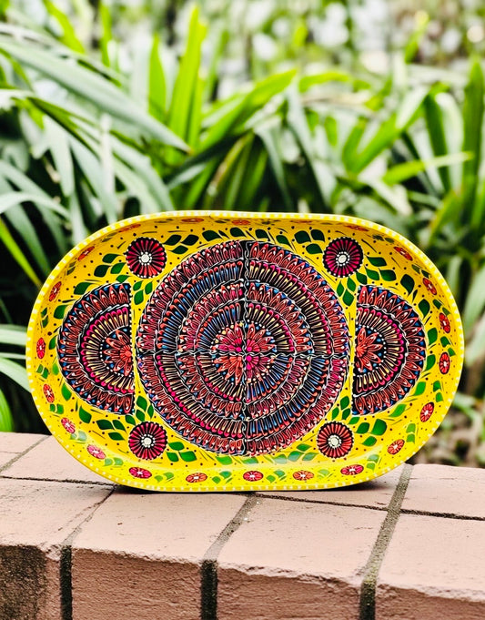 Yellow & Red Floral Motif Oval Cone Truck Art Big Tray 001