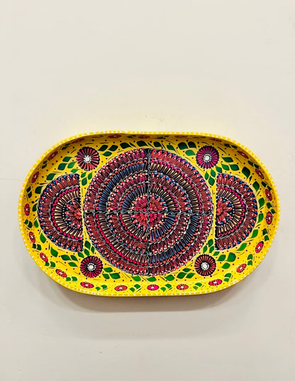 Yellow & Red Floral Motif Oval Cone Truck Art Big Tray 001