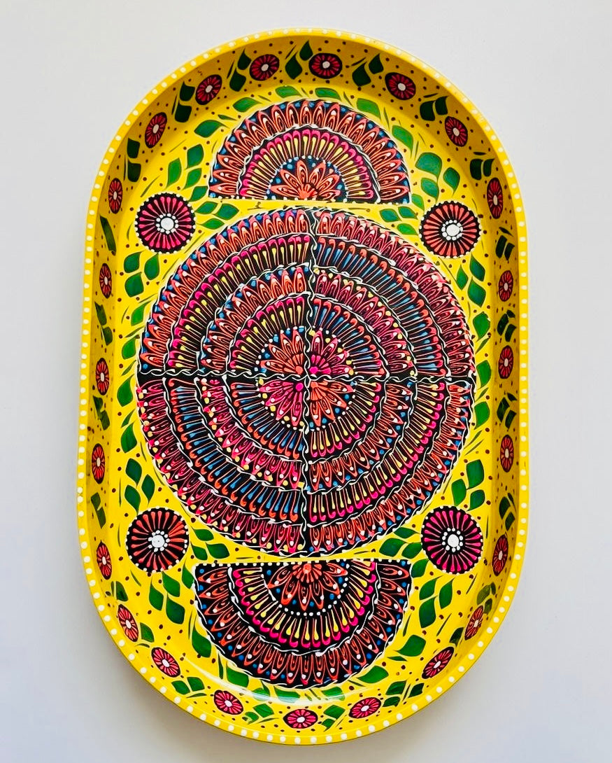 Yellow & Red Floral Motif Oval Cone Truck Art Big Tray 001