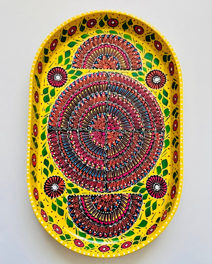 Yellow & Red Floral Motif Oval Cone Truck Art Big Tray 001