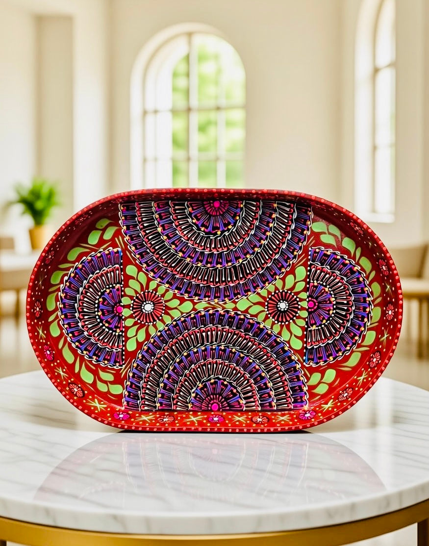 Red & Blue Floral Motif Oval Cone Truck Art Big Tray 002