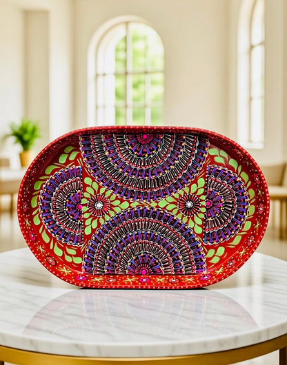 Red & Blue Floral Motif Oval Cone Truck Art Big Tray 002