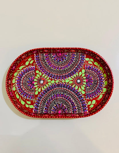 Red & Blue Floral Motif Oval Cone Truck Art Big Tray 002