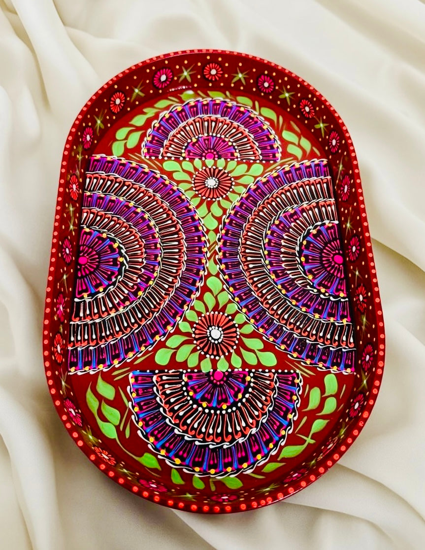 Red & Blue Floral Motif Oval Cone Truck Art Big Tray 002