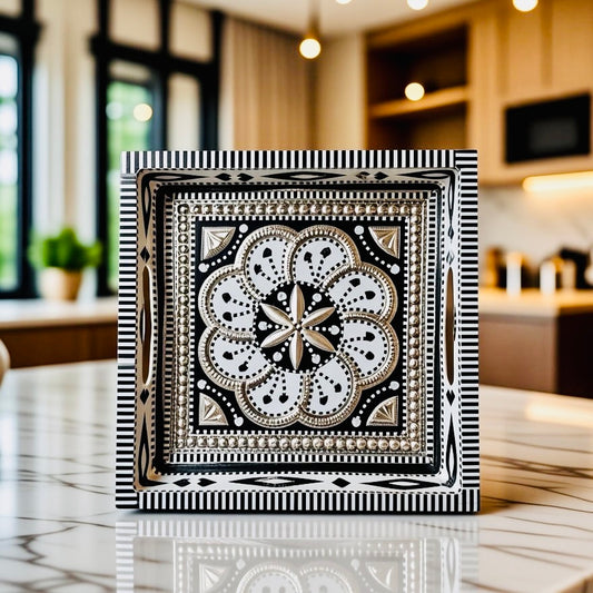 White & Flower design Square Cone Truck Art Tray (Chamakpatti) 008