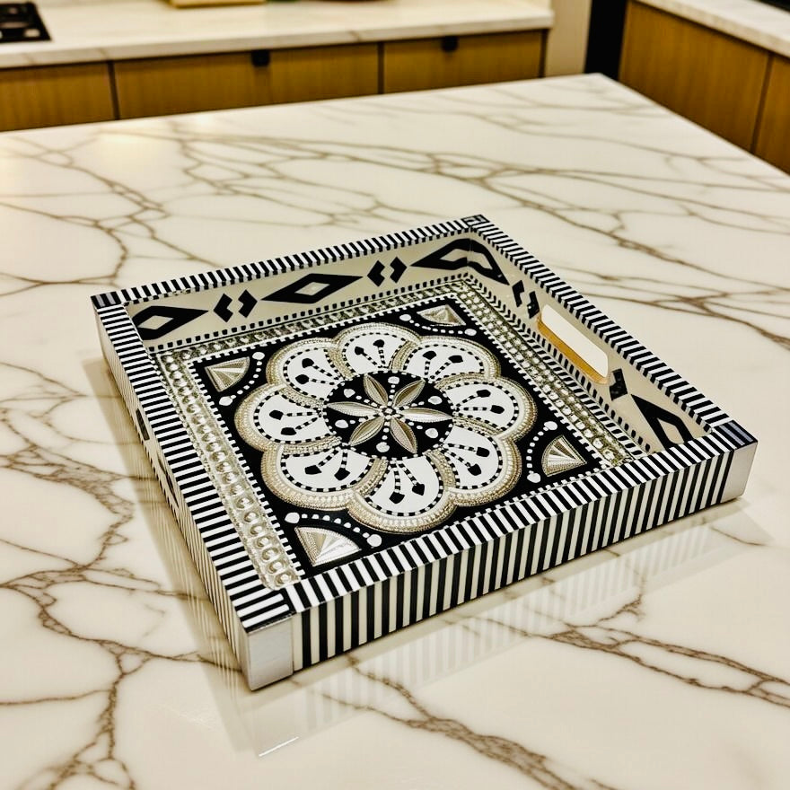 White & Flower design Square Cone Truck Art Tray (Chamakpatti) 008