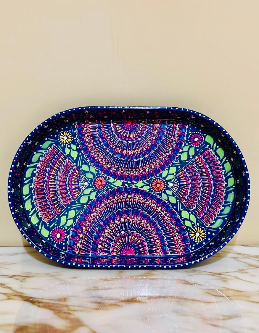 Dark Blue & Red Floral Motif Oval Cone Truck Art Big Tray 003