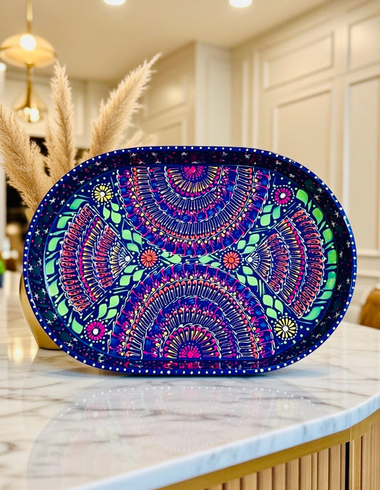 Dark Blue & Red Floral Motif Oval Cone Truck Art Big Tray 003