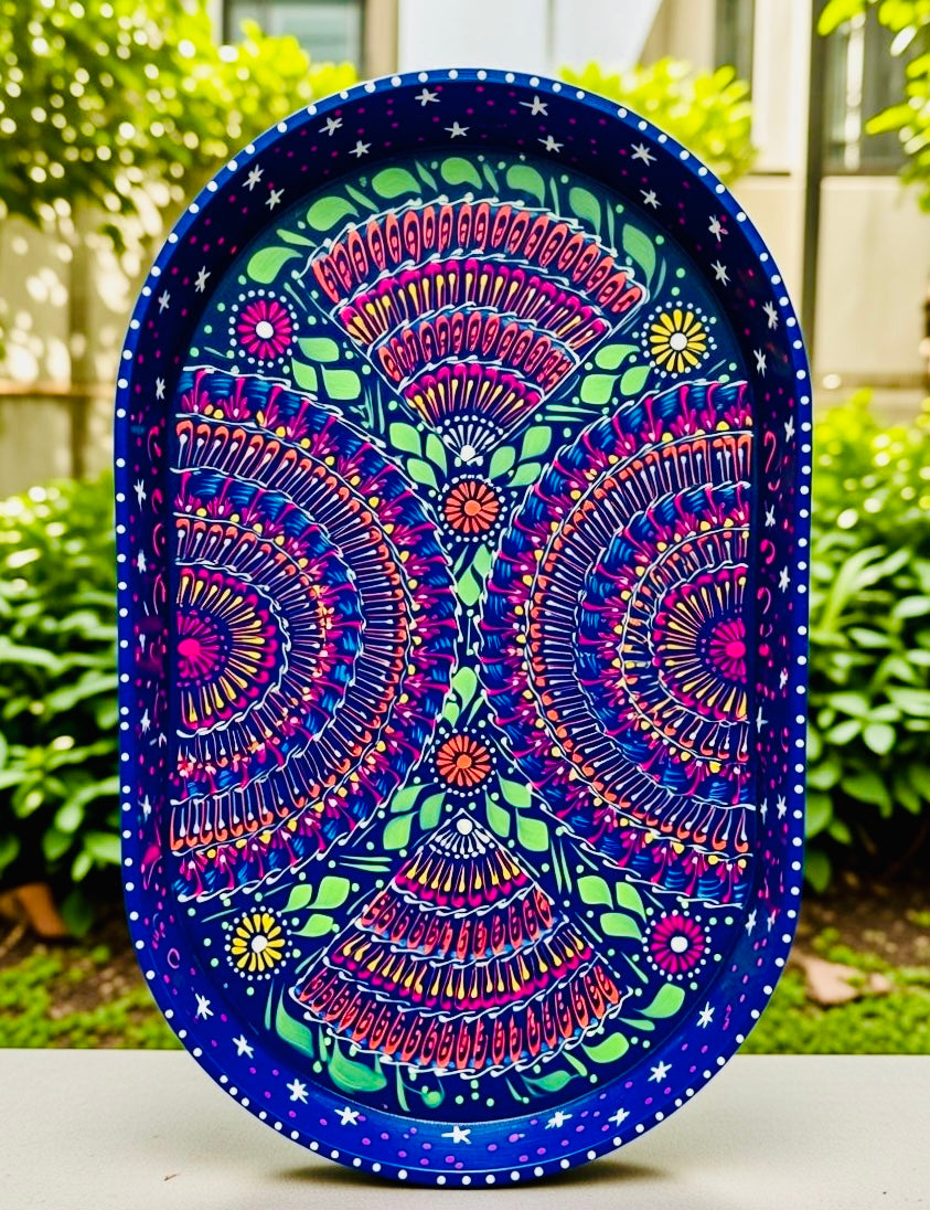 Dark Blue & Red Floral Motif Oval Cone Truck Art Big Tray 003