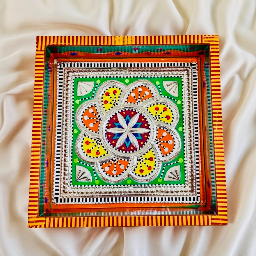 Green & Flower design Square Cone Truck Art Tray (Chamakpatti) 004