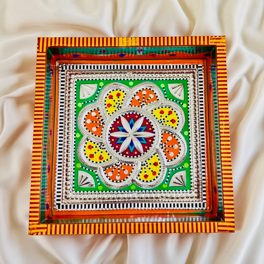 Green & Flower design Square Cone Truck Art Tray (Chamakpatti) 004