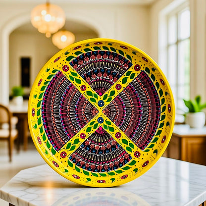 Yellow& Red Floral Motif Round Serving Tray – Handmade Truck Art 001