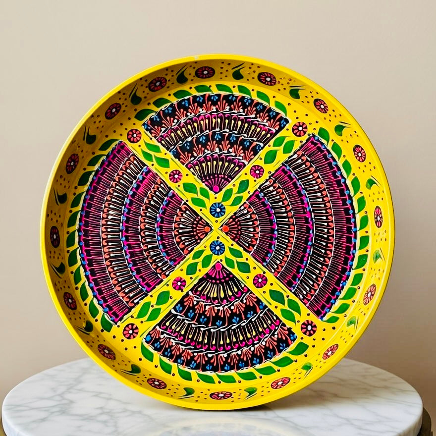 Yellow& Red Floral Motif Round Serving Tray – Handmade Truck Art 001
