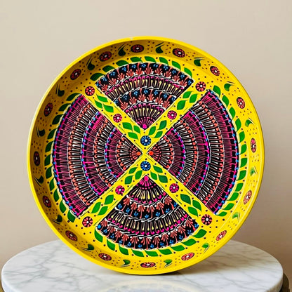 Yellow& Red Floral Motif Round Serving Tray – Handmade Truck Art 001
