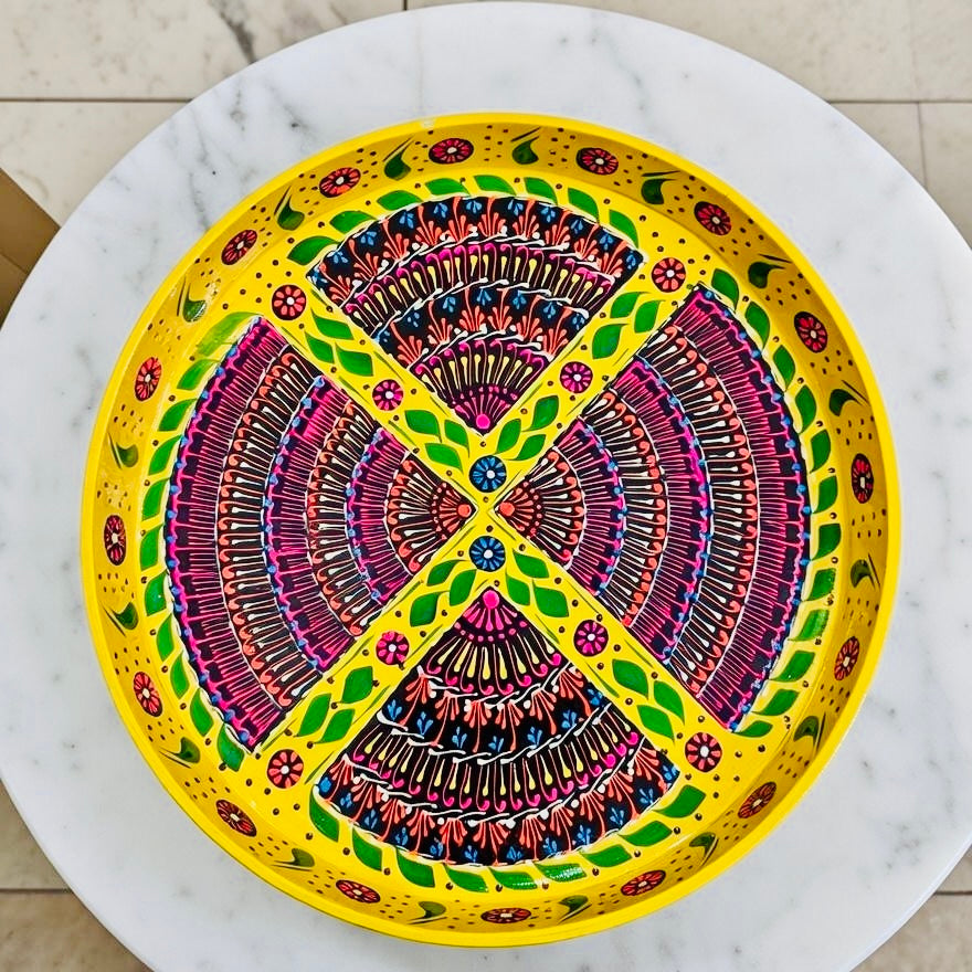 Yellow& Red Floral Motif Round Serving Tray – Handmade Truck Art 001