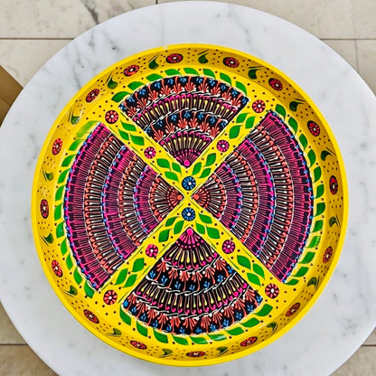 Yellow& Red Floral Motif Round Serving Tray – Handmade Truck Art 001