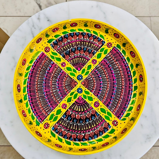 Yellow& Red Floral Motif Round Serving Tray – Handmade Truck Art 001