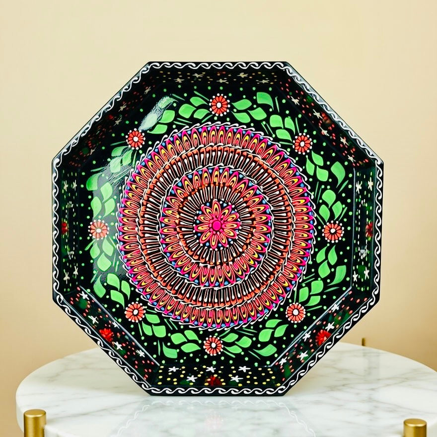 Black & Red Floral Motif Octagonal Cone Serving Tray – Handmade Truck Art 006