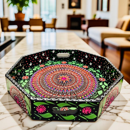 Black & Red Floral Motif Octagonal Cone Serving Tray – Handmade Truck Art 006