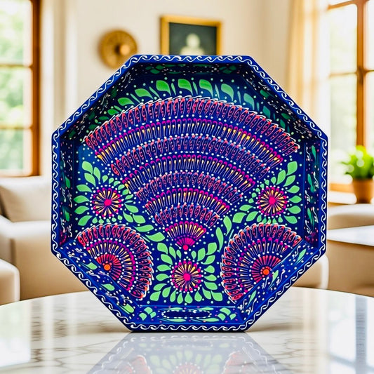 Dark Blue & Red Floral Motif Octagonal Cone Serving Tray – Handmade Truck Art 003