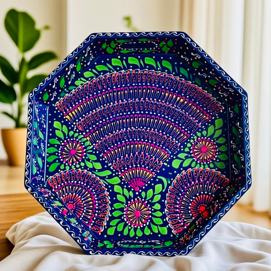 Dark Blue & Red Floral Motif Octagonal Cone Serving Tray – Handmade Truck Art 003