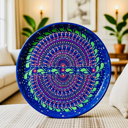 Dark Blue & Red Floral Motif Round Serving Tray – Handmade Truck Art 003