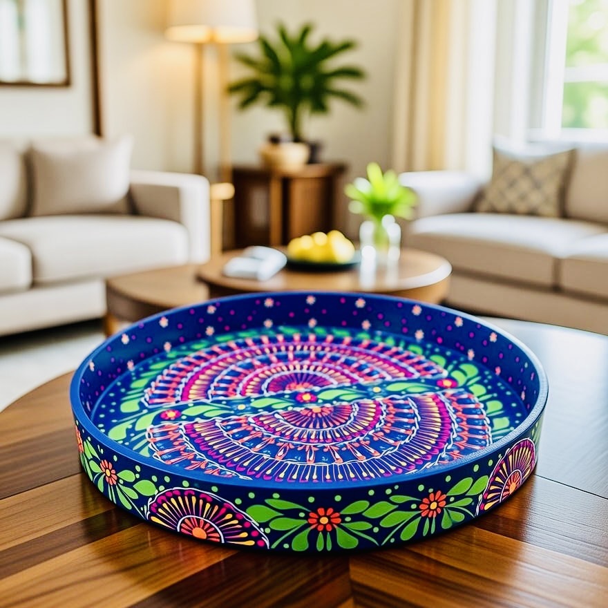 Dark Blue & Red Floral Motif Round Serving Tray – Handmade Truck Art 003