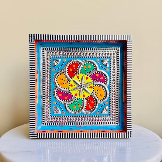 Sky Blue & Flower design Square Cone Truck Art Tray (Chamakpatti) 005