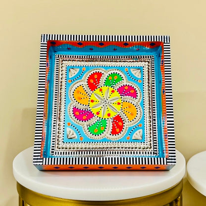 Sky Blue & Flower design Square Cone Truck Art Tray (Chamakpatti) 005