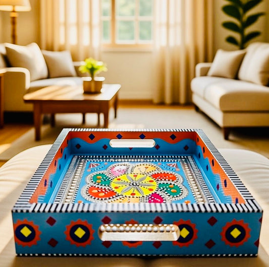 Sky Blue & Flower design Square Cone Truck Art Tray (Chamakpatti) 005