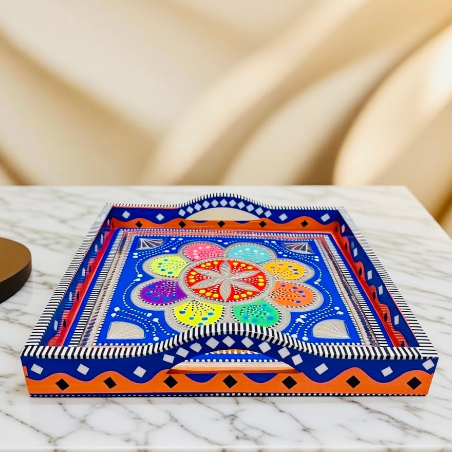 Big Serving Tray with D-Handles – Pakistani Truck Art Inspired 003