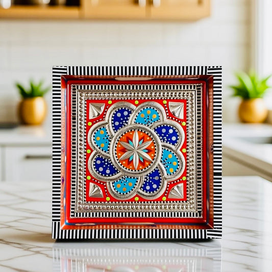 Red & Flower design Square Cone Truck Art Tray (Chamakpatti) 002