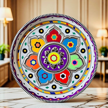 White & Multicolor Flower Round Medium Tray (Chamakpatti) 008-00