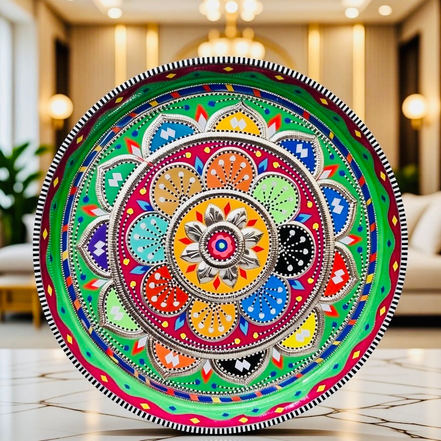 Green & Multicolor Flower Round Large Tray (Chamakpatti) 004-00