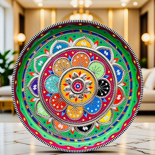 Green & Multicolor Flower Round Large Tray (Chamakpatti) 004-00