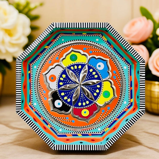 Green & Multicolor Flower Motif Octagon Cone Serving Tray (Chamakpatti) 004-00