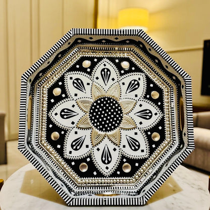 Black & White Flower Motif Octagon Cone Serving Tray (Chamakpatti) 006-008