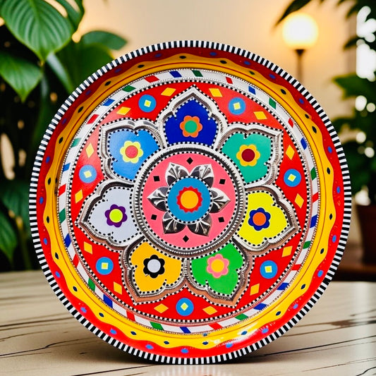 Red & Multicolor Flower Round Medium Tray (Chamakpatti) 002-00