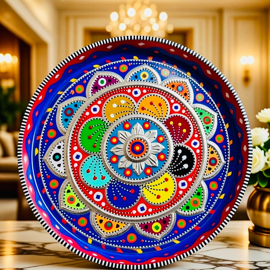 Blue & Multicolor Flower Round Large Tray (Chamakpatti) 003-00