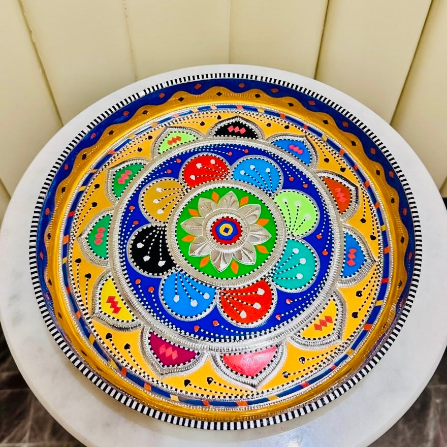 Yellow & Multicolor Flower Round Large Tray (Chamakpatti) 001-00