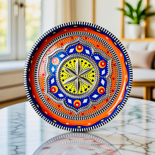 Orange & Blue Round Mini(Small) Tray (Chamakpatti) 013-003