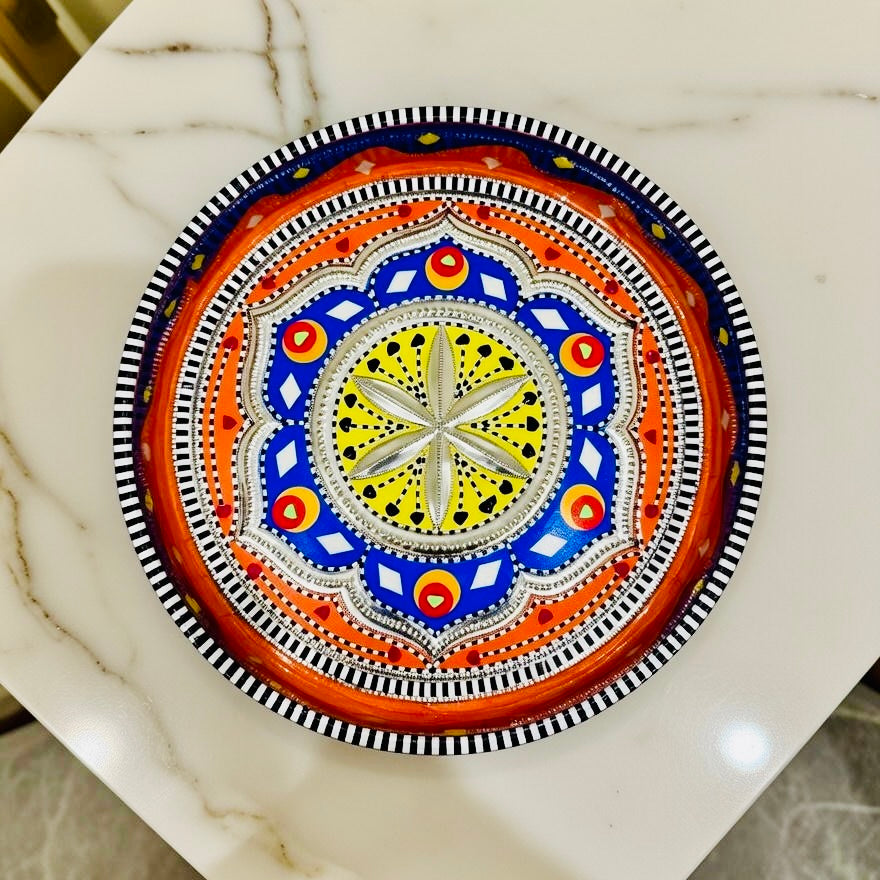 Orange & Blue Round Mini(Small) Tray (Chamakpatti) 013-003