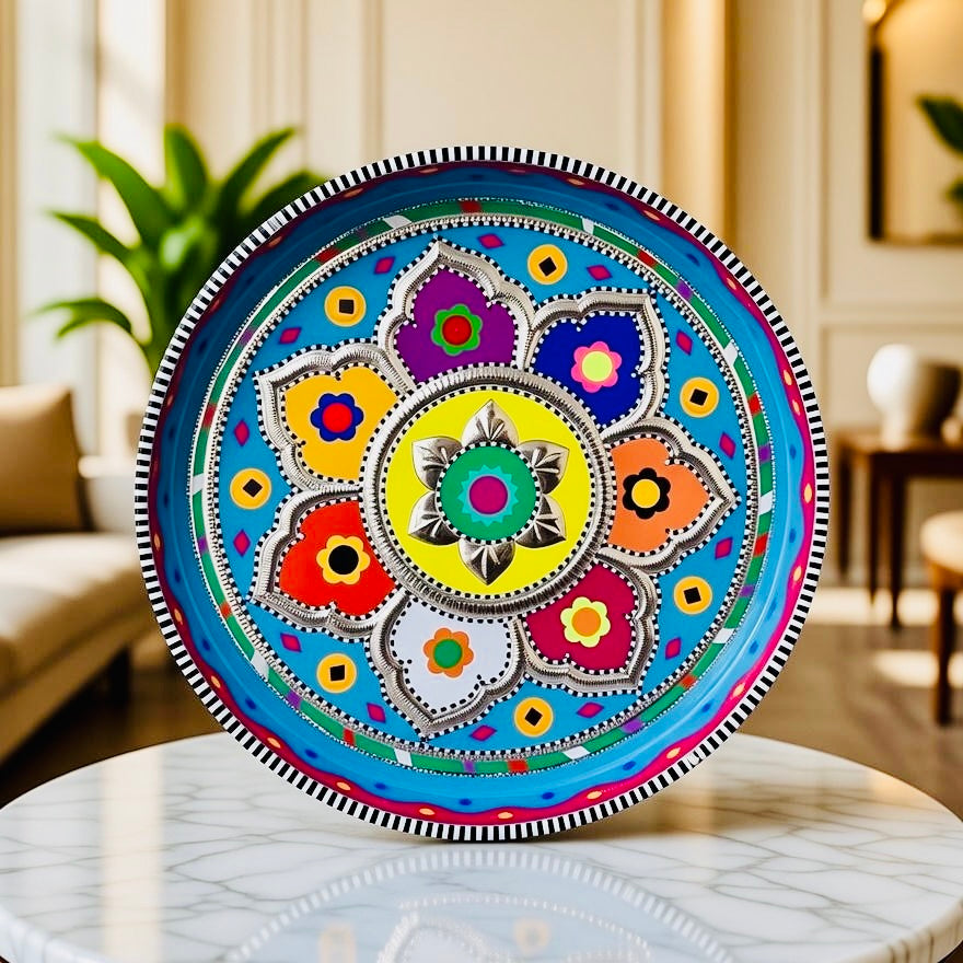 Sky Blue & Multicolor Round Medium Tray (Chamakpatti) 005-00