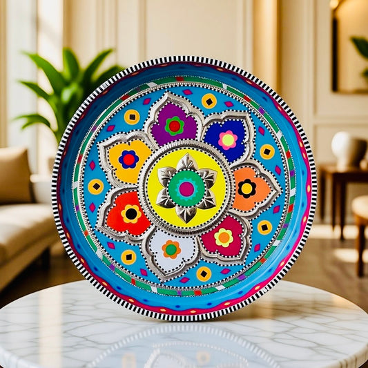 Sky Blue & Multicolor Round Medium Tray (Chamakpatti) 005-00